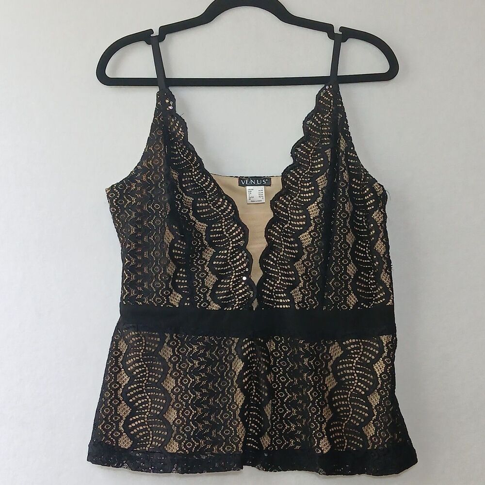 Venus Tank Top Women Large Black Stretch Lace Overlay Spaghetti Strap Floral 900